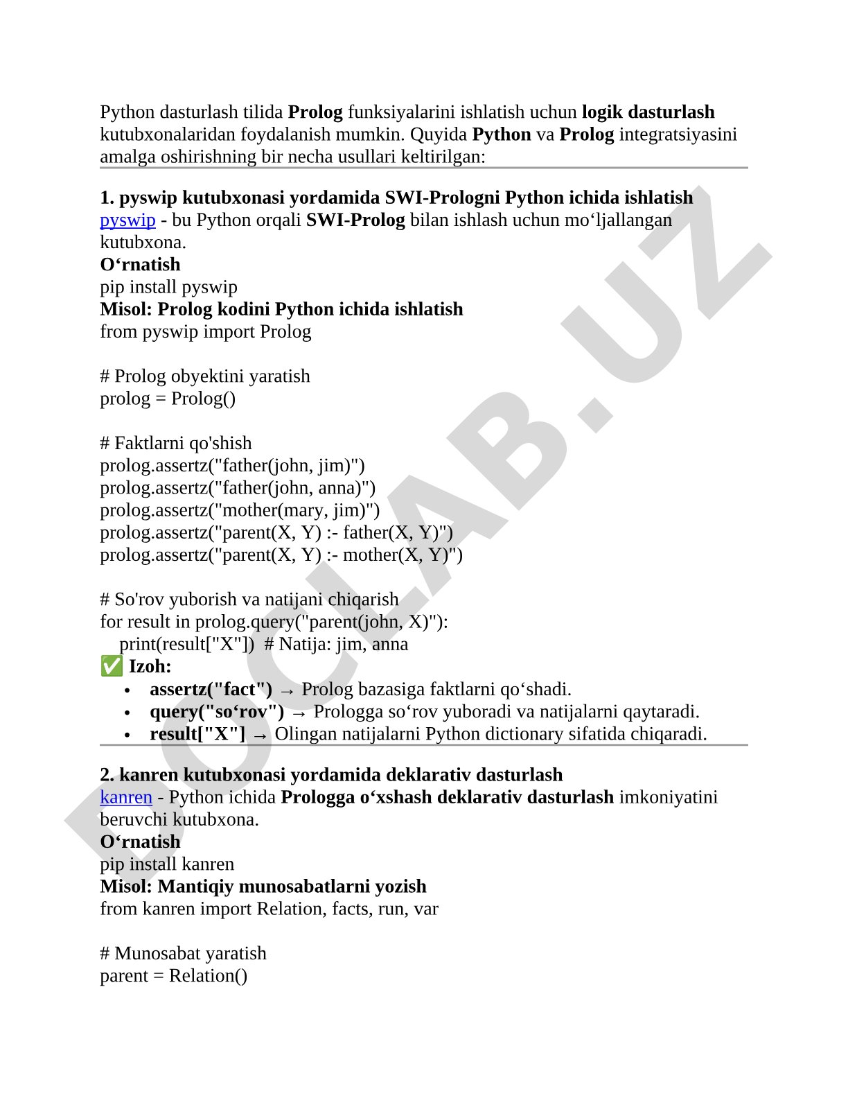 Python dasturida Prolog kutubxonalaridan foydalanish