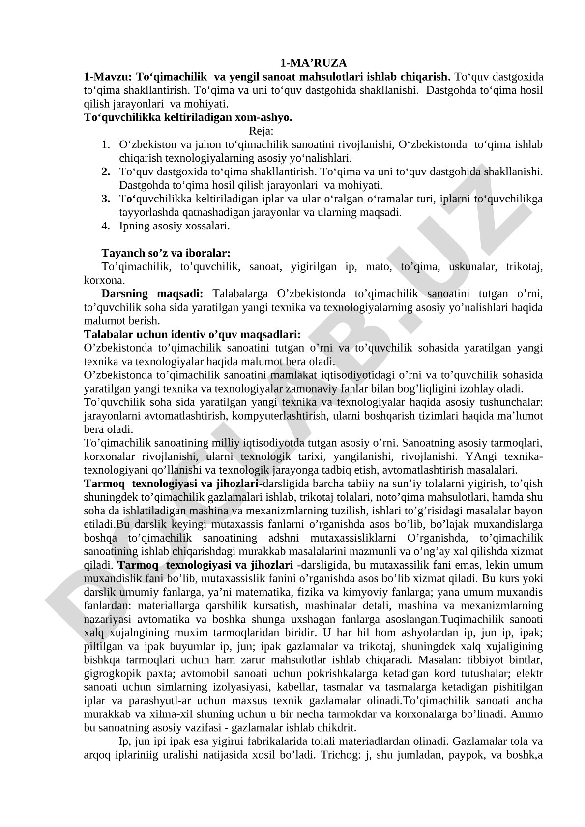 To‘qimachilik va yengil sanoat mahsulotlari ishlab chiqarish