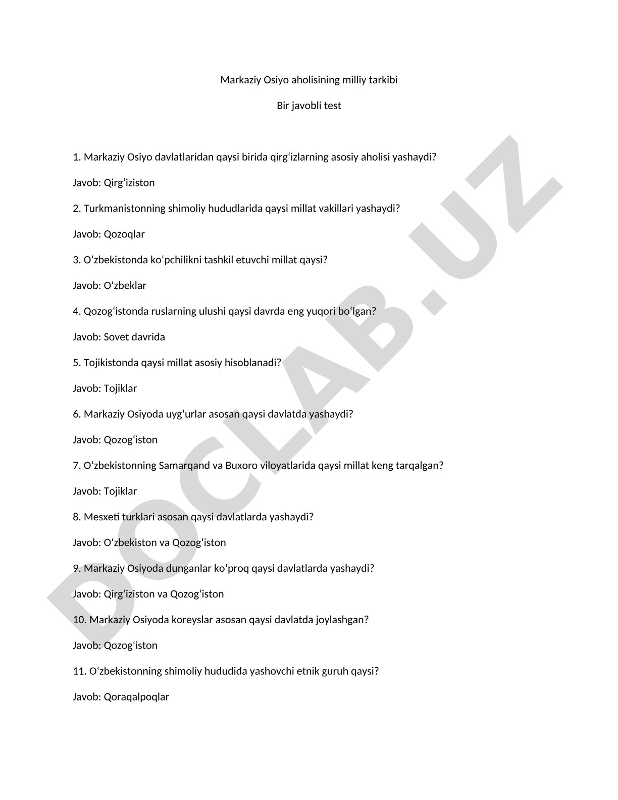 Markaziy Osiyo aholisining milliy tarkibi Bir javobli test