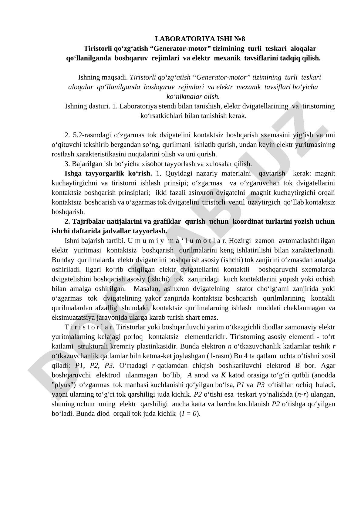 Tiristorli qo‘zg‘atish “Generator-motor” tizimining turli teskari aloqalar qo‘llanilganda boshqaruv rejimlari va elektr mexanik tavsiflarini tadqiq qilish