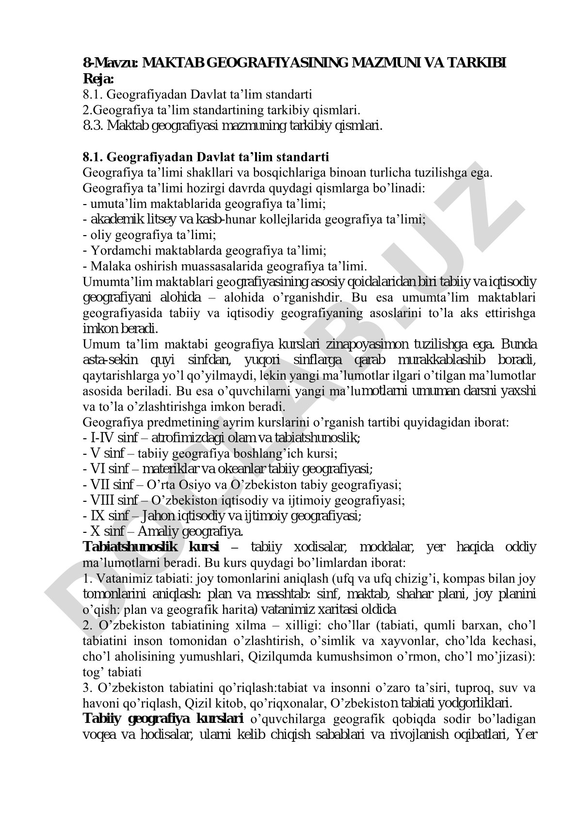 Maktab geografiyasining mazmuni va tarkibi
