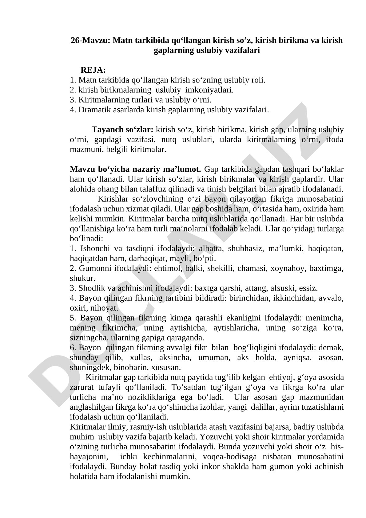 Matn tarkibida qo‘llangan kirish so’z, kirish birikma va kirish gaplarning uslubiy vazifalari