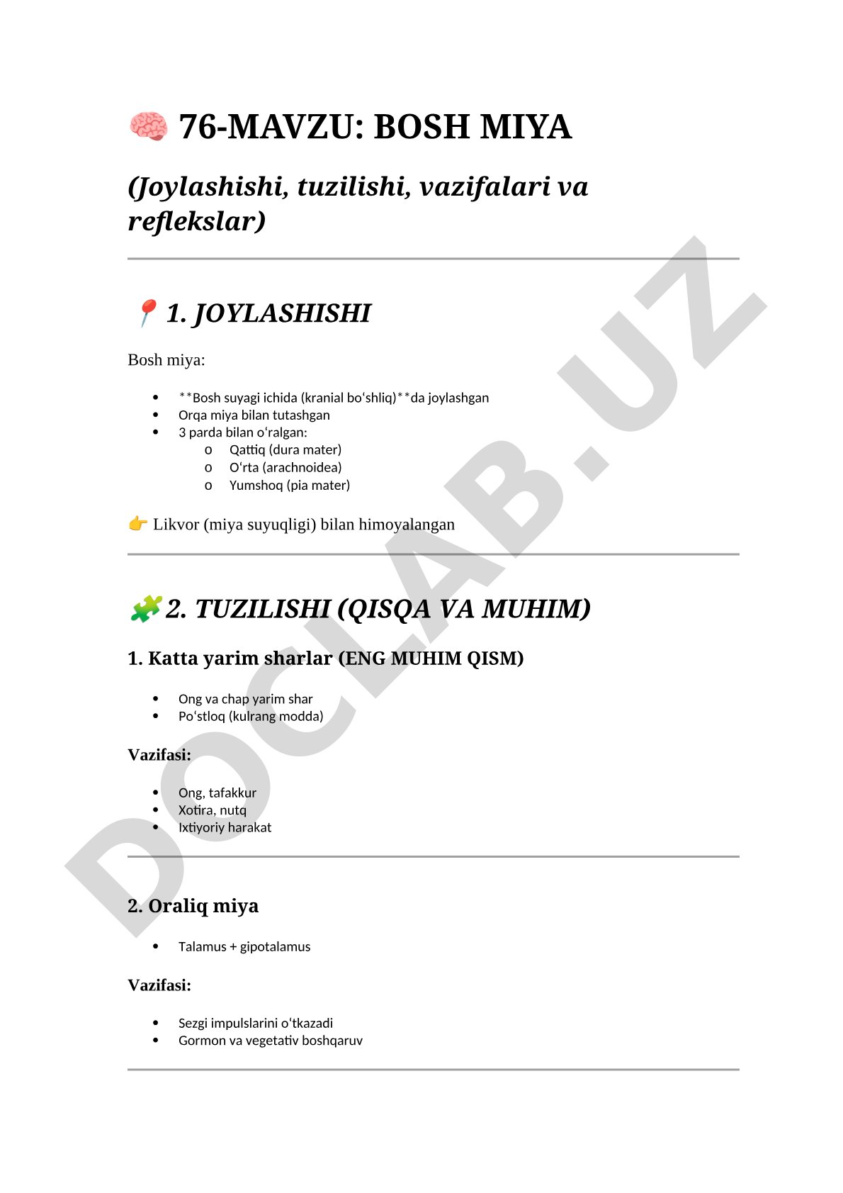 Bosh miya (joylashishi, tuzilishi, vazifalari va reflekslar)