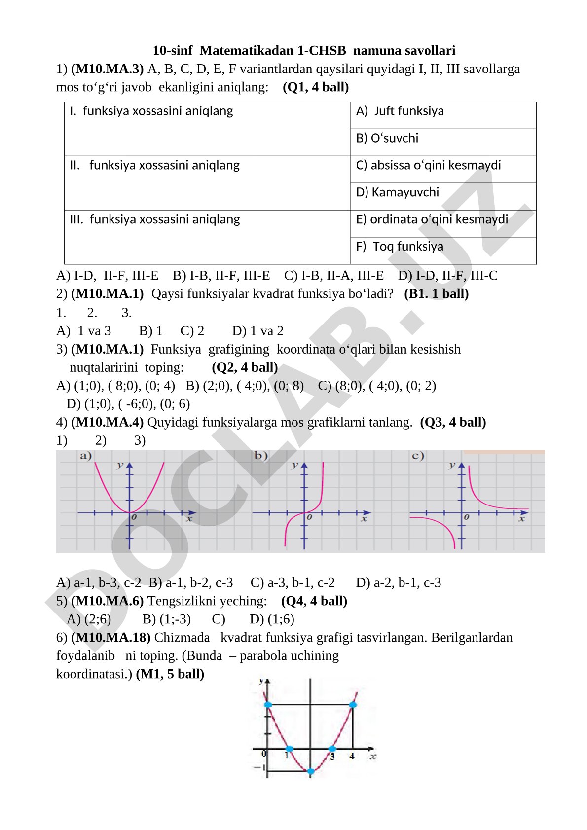 10-sinf Matematikadan 1-CHSB namuna savollari