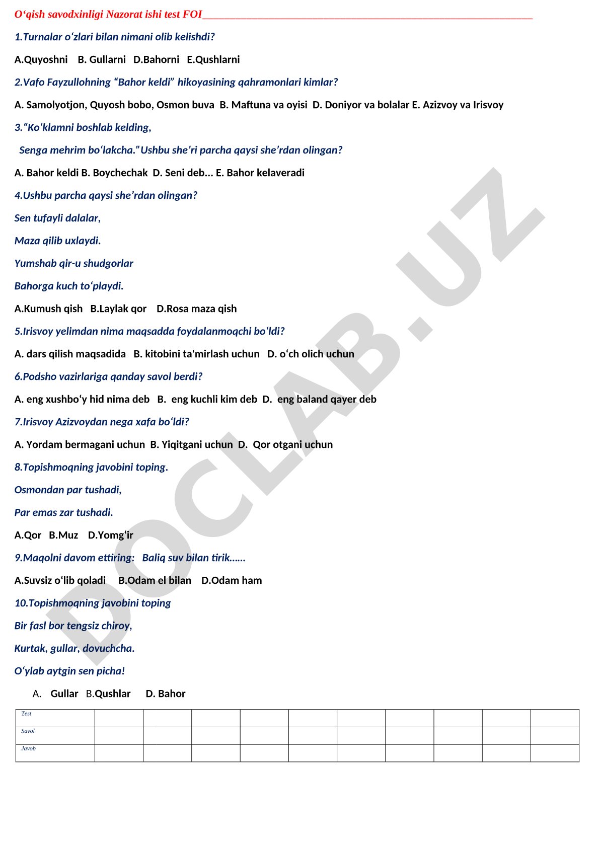 O'qish savodxonligi nazorat ishi testi