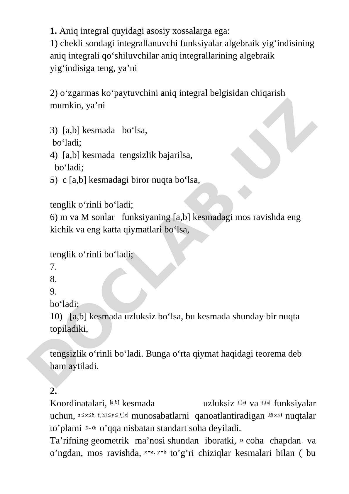 Aniq integralning xossalari va standart soha ta'rifi