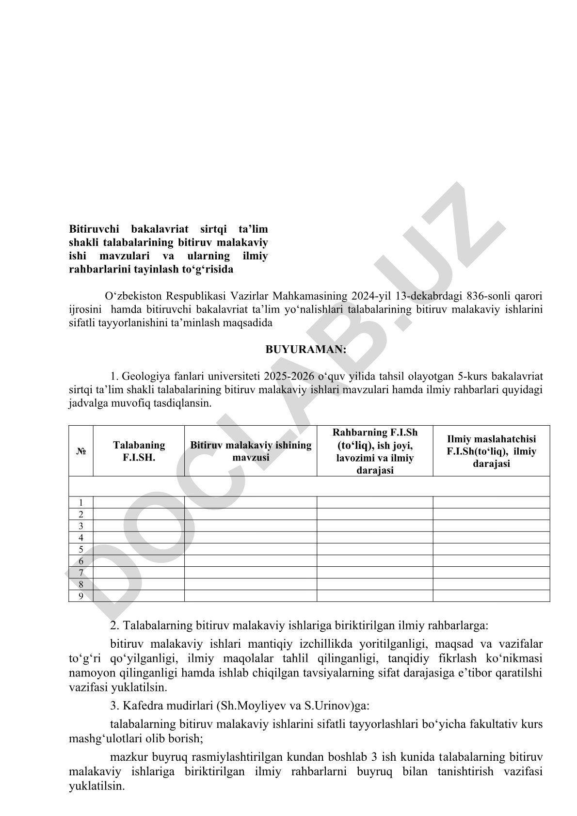 Bitiruv malakaviy ishlari mavzulari va ilmiy rahbarlarini tasdiqlash