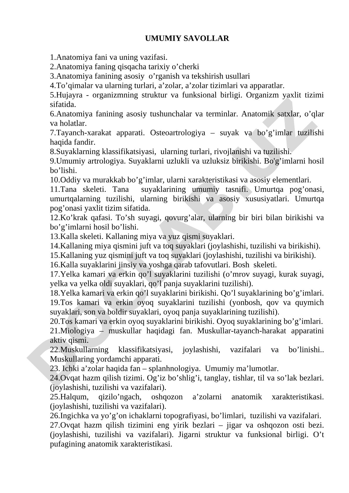 Anatomiya fanidan savollar