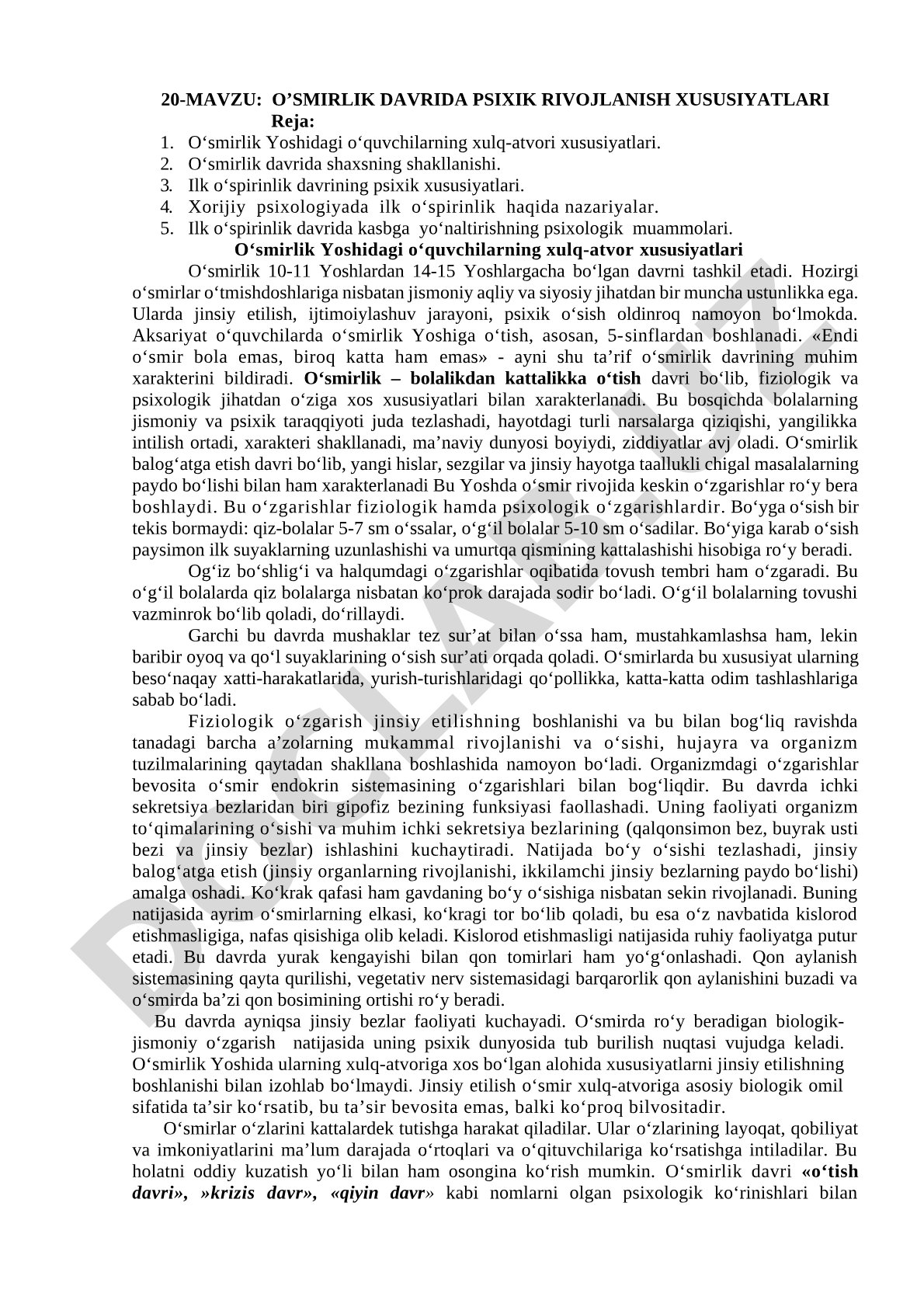 O‘smirlik davrida psixik rivojlanish xususiyatlari