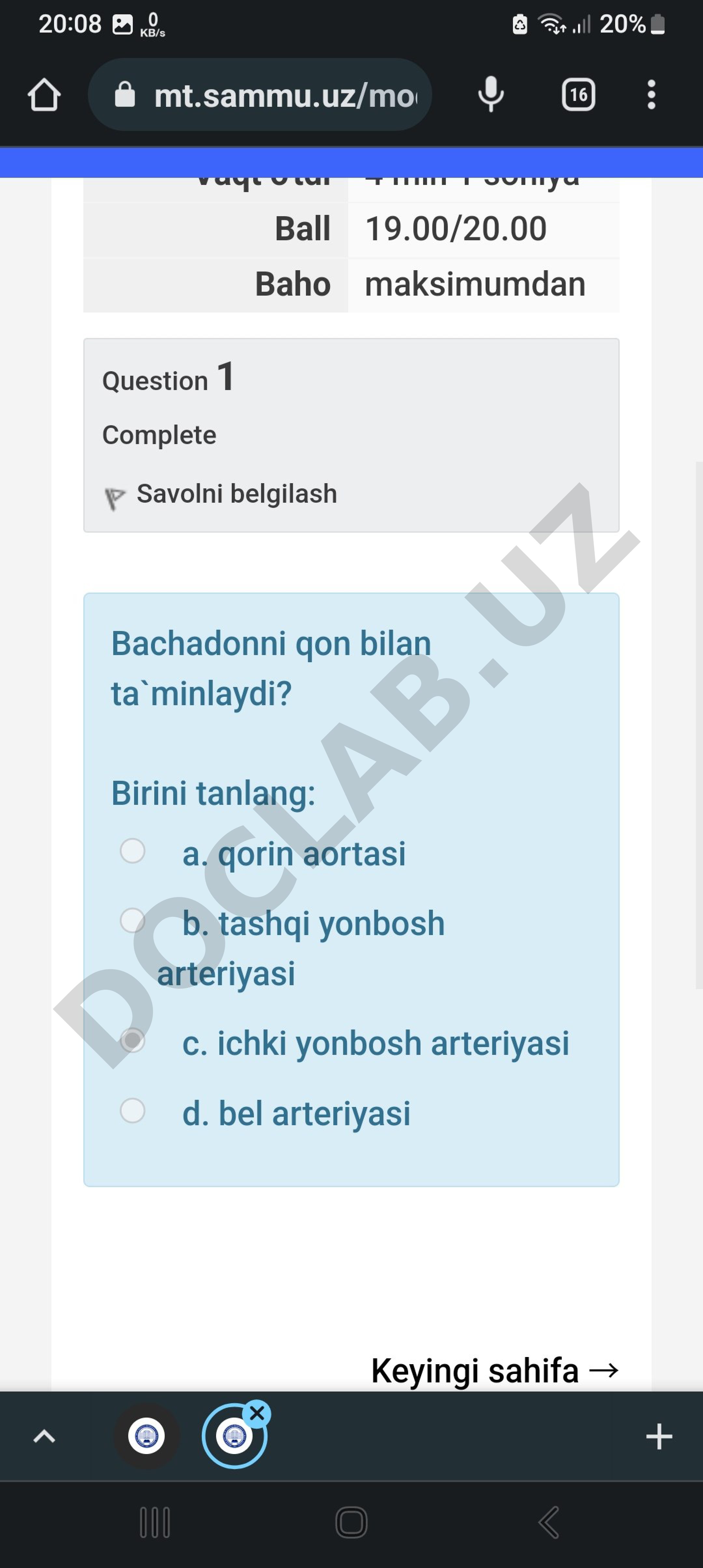 Bachadonni qon bilan ta'minlaydigan arteriya