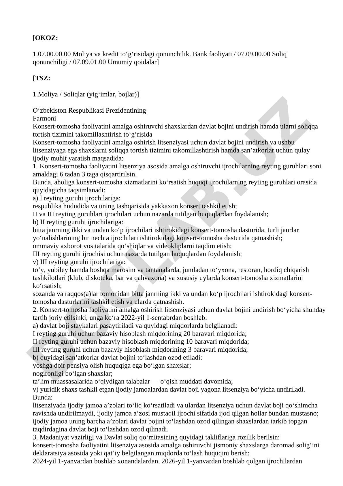 Konsert-tomosha faoliyati uchun davlat boji va soliq tizimini takomillashtirish