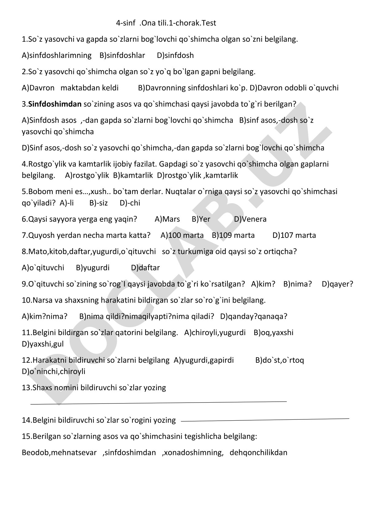 4-sinf Ona tili 1-chorak Test 1