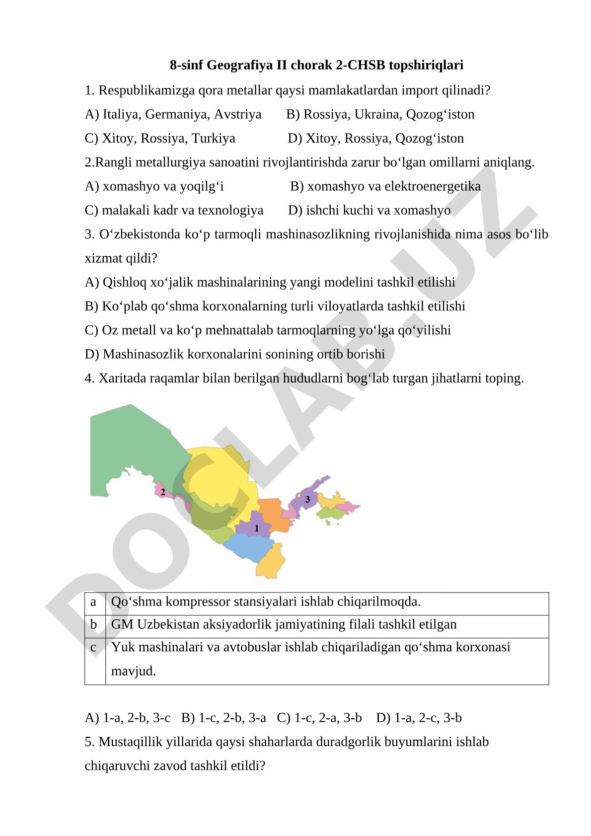8-sinf Geografiya II chorak 2-CHSB topshiriqlari