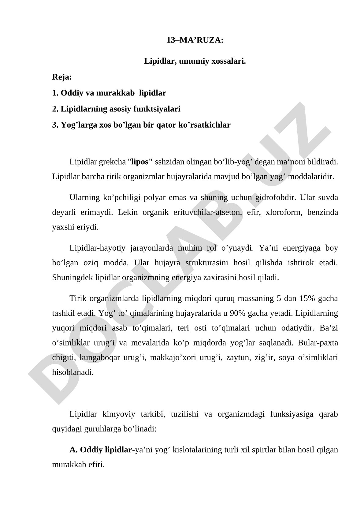 Lipidlar, umumiy xossalari