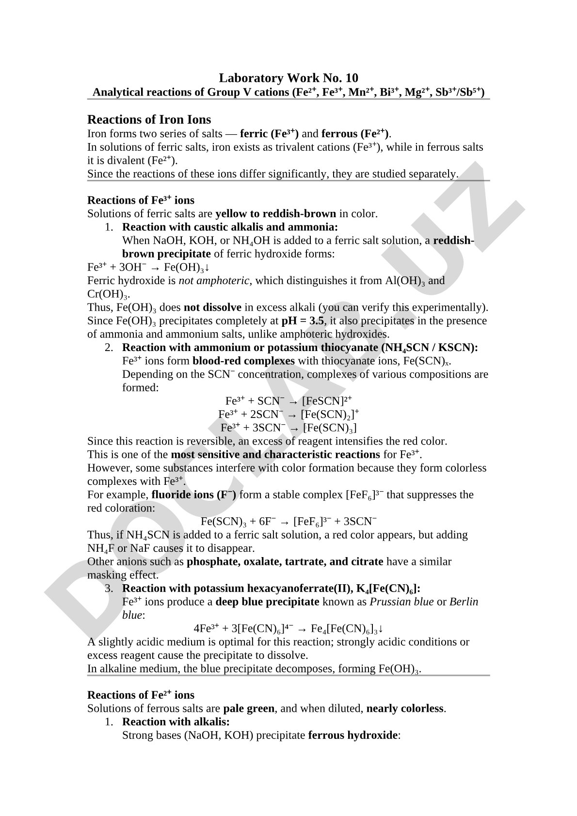 Laboratory Work No. 10 Analytical reactions of Group V cations (Fe²⁺, Fe³⁺, Mn²⁺, Bi³⁺, Mg²⁺, Sb³⁺/Sb⁵⁺)