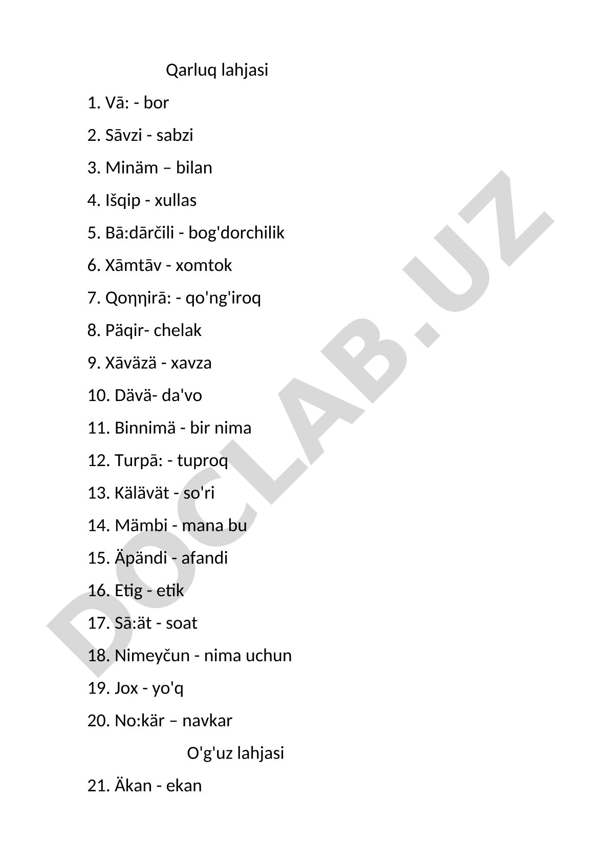 Qarluq, o'g'uz va qipchoq lahjalariga oid so'zlar