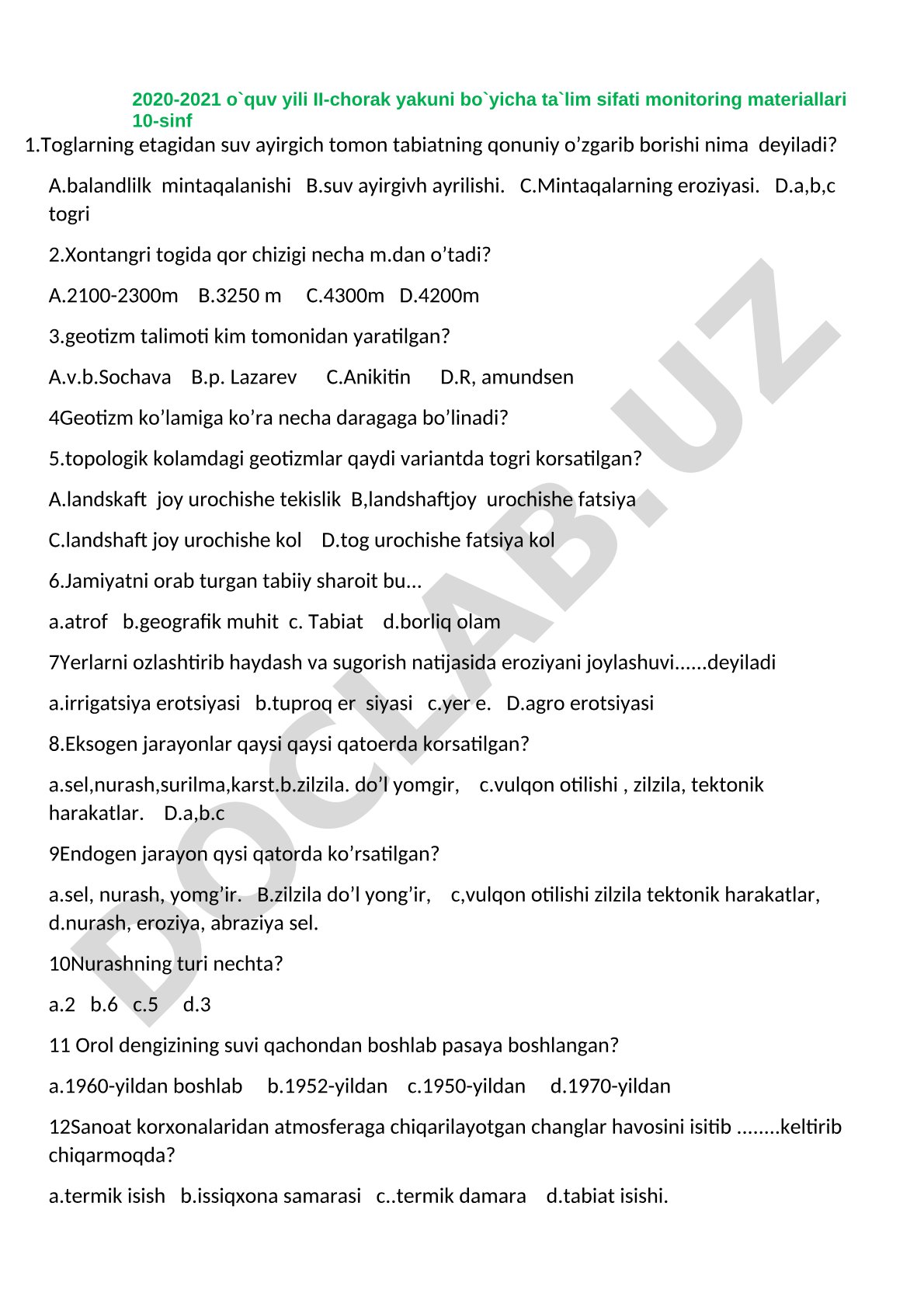 10-sinf geografiya fanidan ta'lim sifati monitoring testlari
