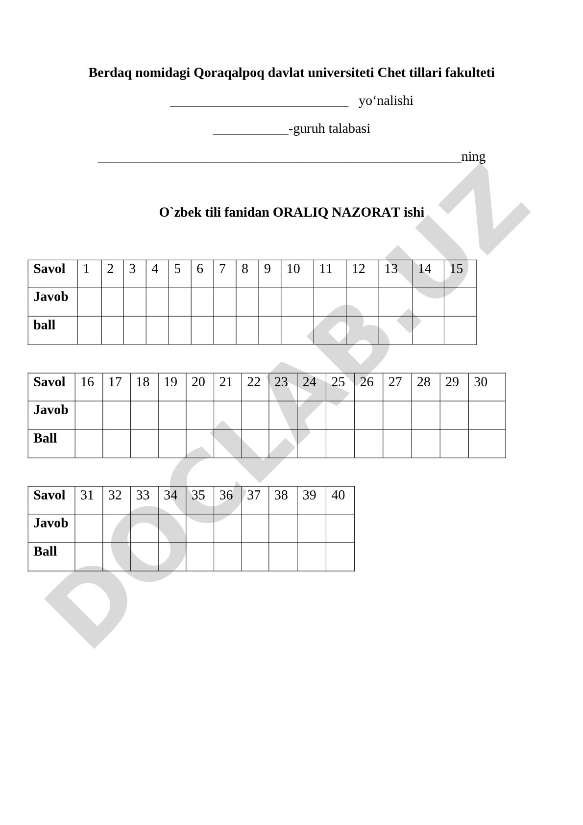O'zbek tili fanidan oraliq nazorat test savollari