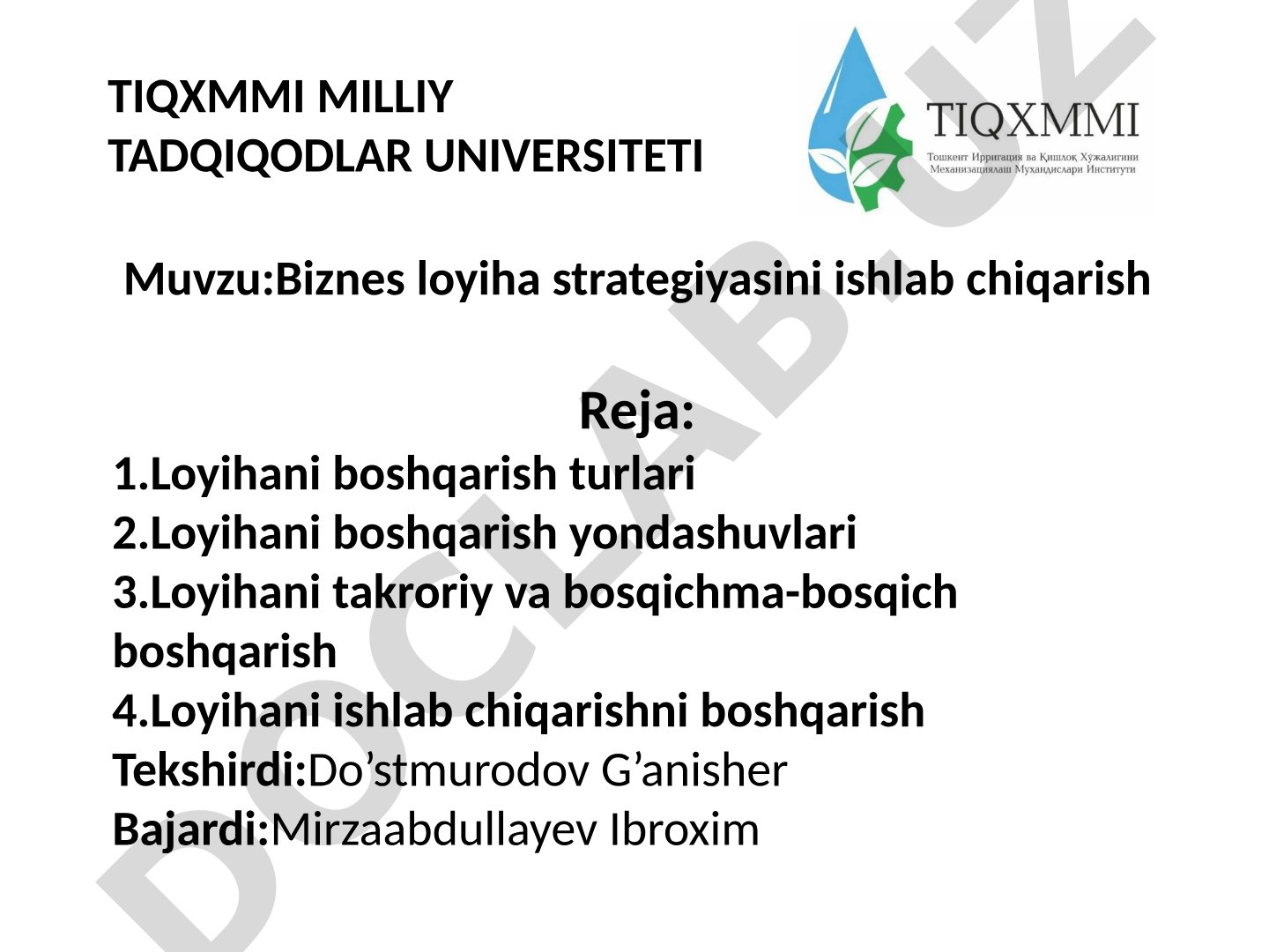 Biznes loyiha strategiyasini ishlab chiqarish