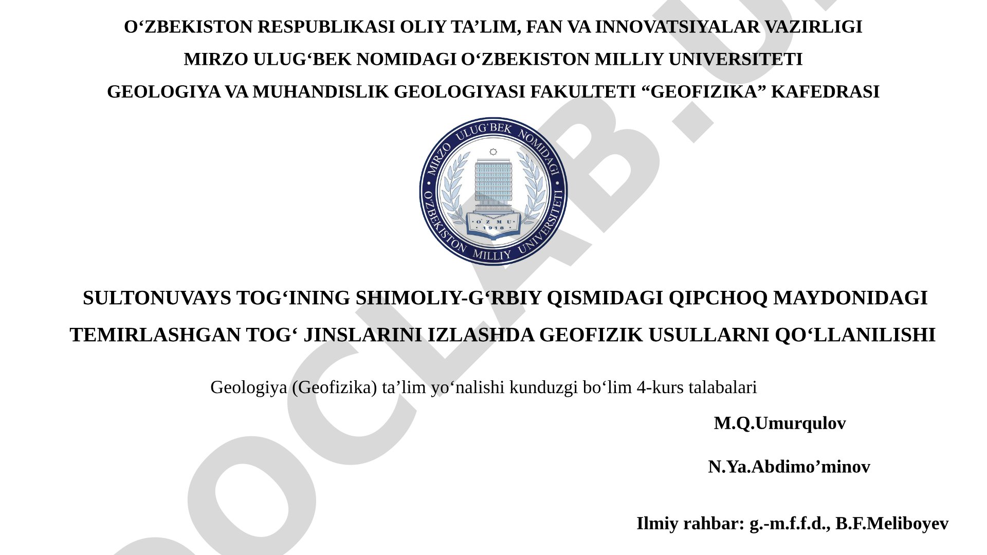 Sultonuvays tog'ining shimoliy-g'arbiy qismidagi Qipchoq maydonidagi temirlashgan tog' jinslarini izlashda geofizik usullarni qo'llanilishi