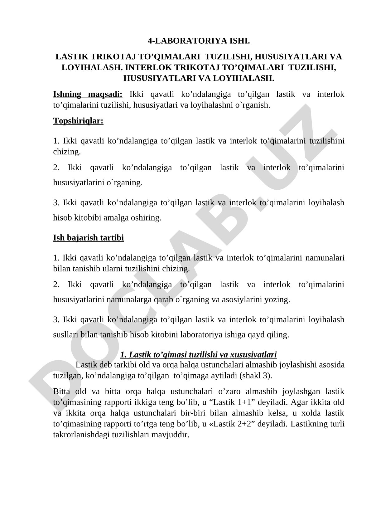 Lastik va interlok trikotaj to'qimalari tuzilishi, hususiyatlari va loyihalash