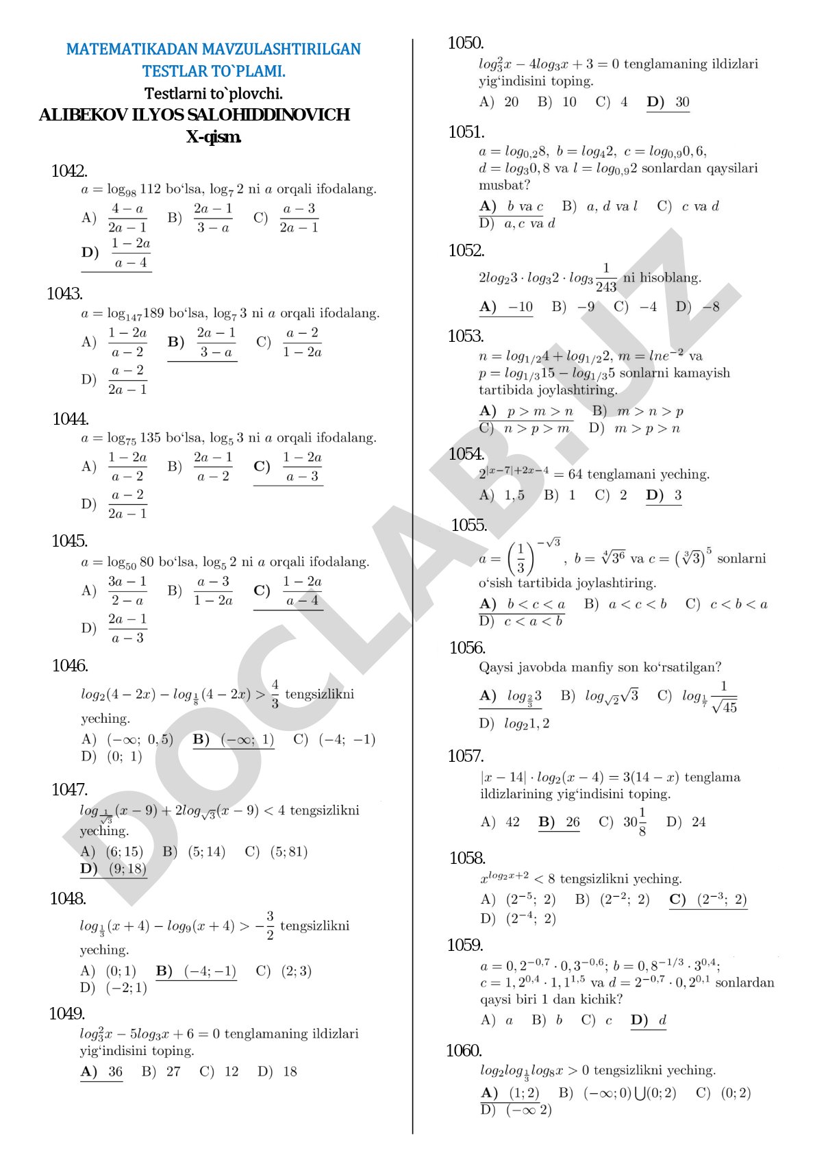 Matematikadan mavzulashtirilgan testlar to`plami