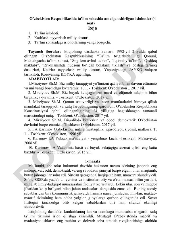 O'zbekiston Respublikasida ta'lim sohasida amalga oshirilgan islohotlar