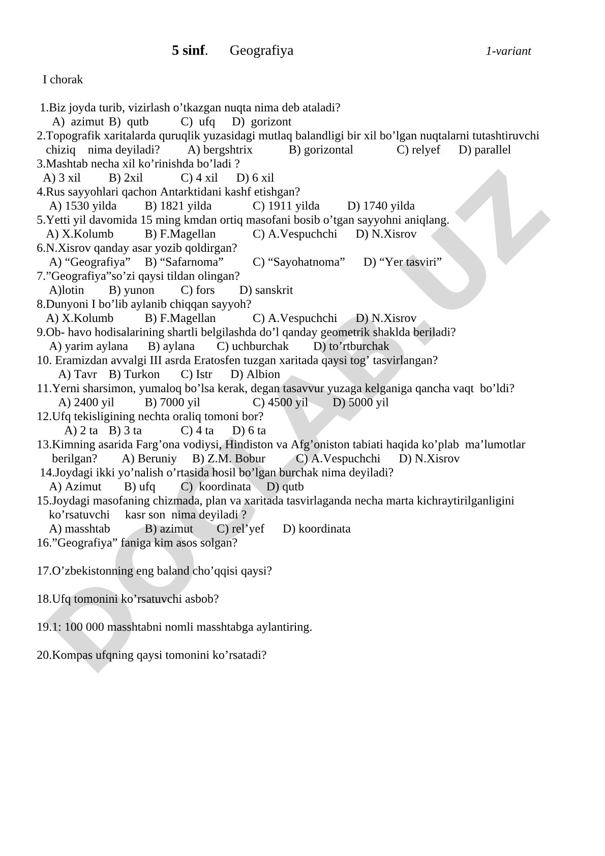 5-sinf Geografiya I chorak 1-variant test savollari