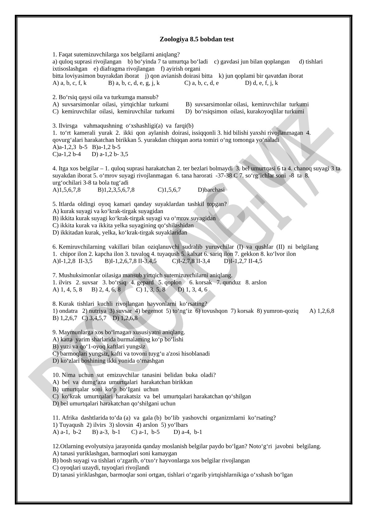 Zoologiya 8.5 bobdan test 1