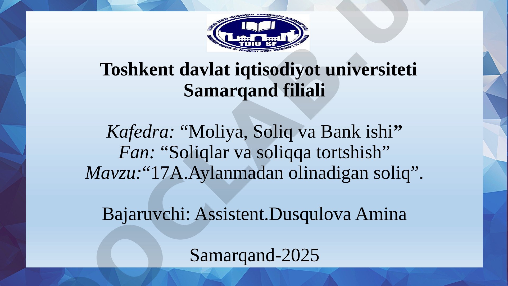 17A.Aylanmadan olinadigan soliq