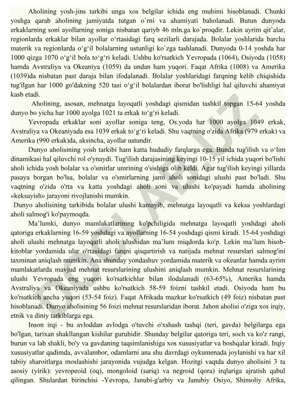 Aholining yosh-jins tarkibi va dunyo bo'yicha taqsimoti