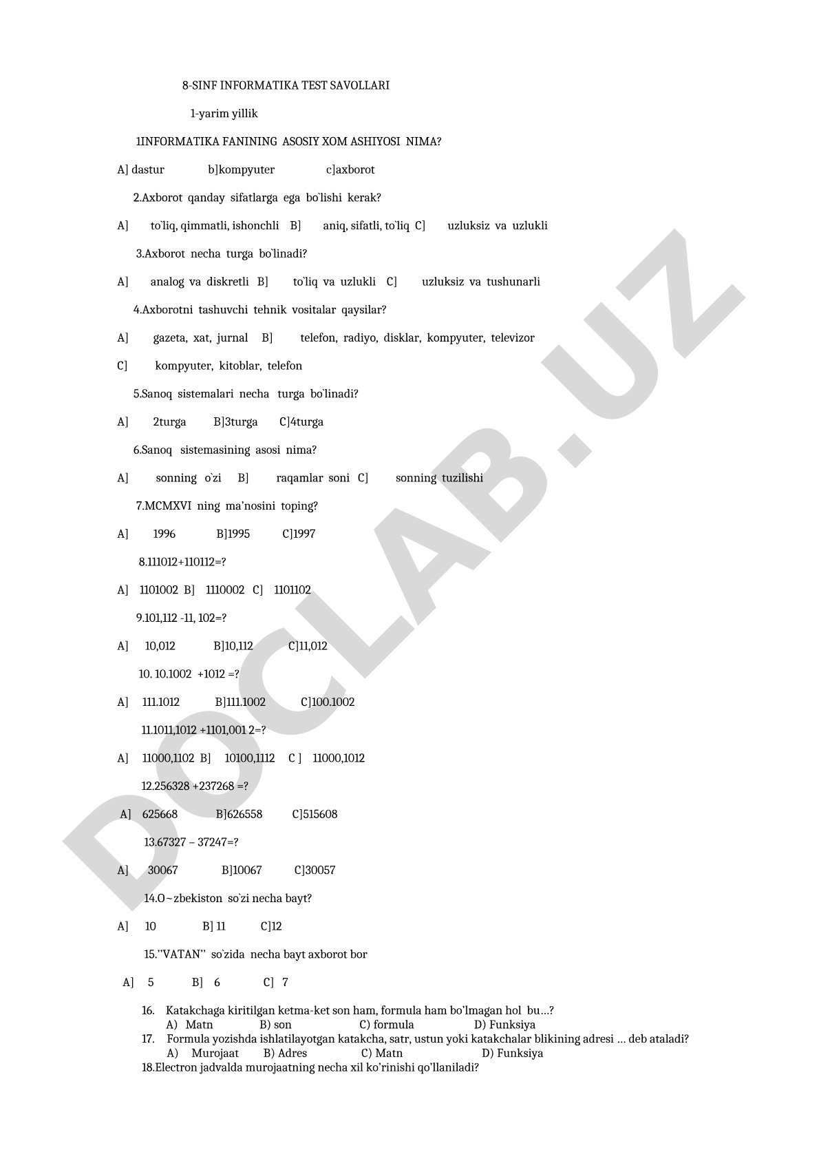 8-sinf informatika 1-yarim yillik test savollari