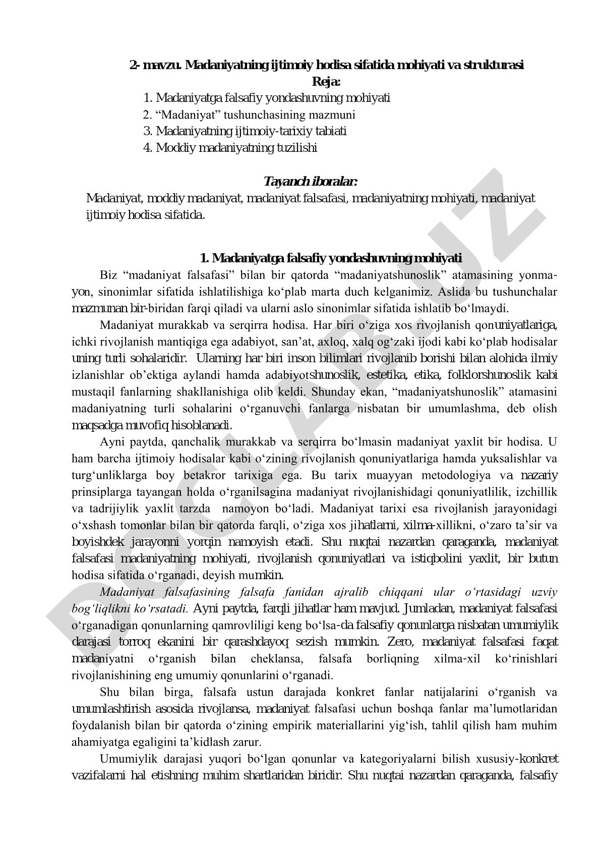 Madaniyatning ijtimoiy hodisa sifatida mohiyati va strukturasi