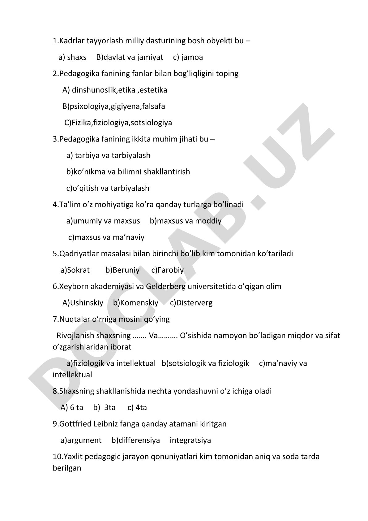 Pedagogika fanidan test savollari