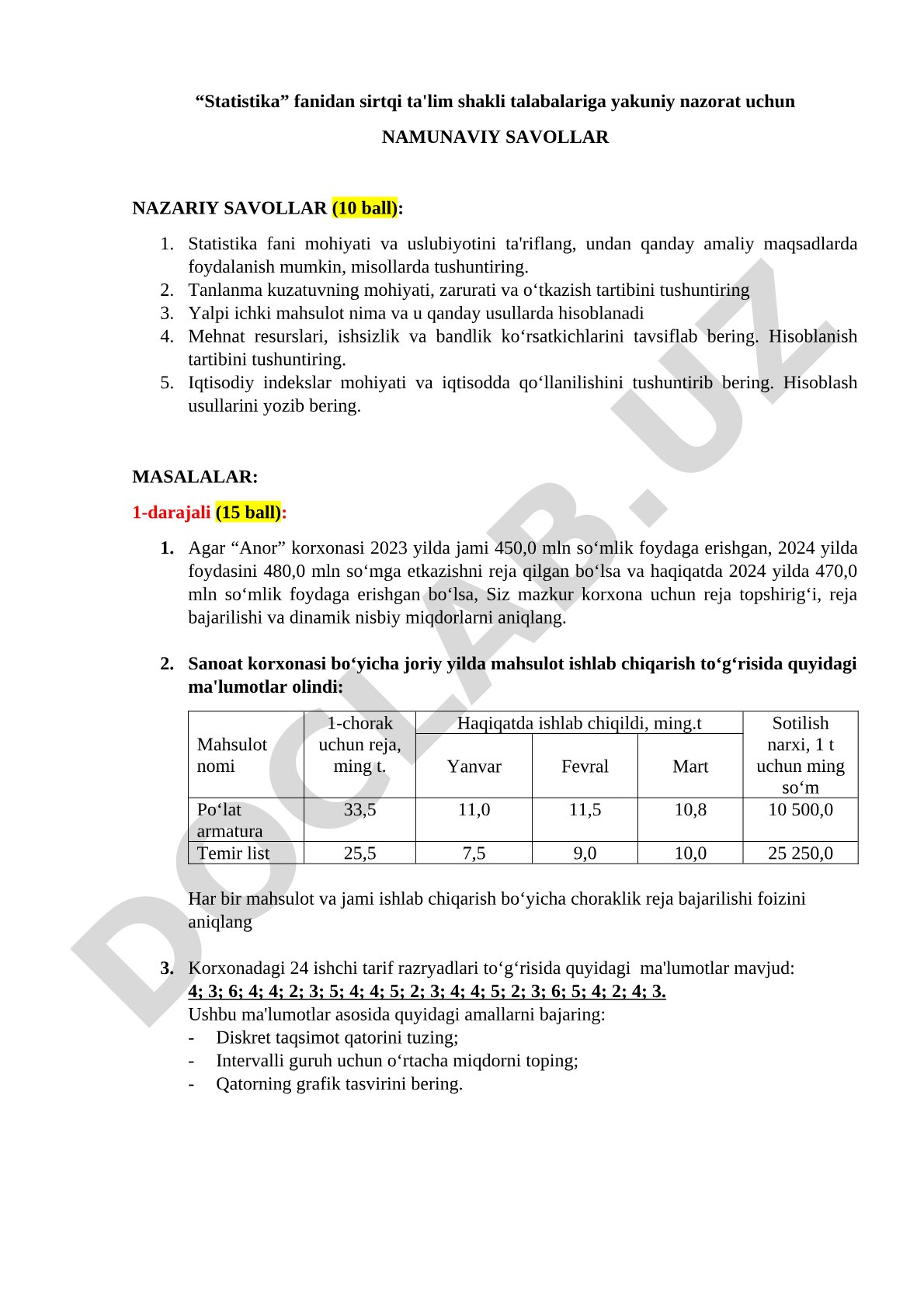 Statistika fanidan yakuniy nazorat savollari