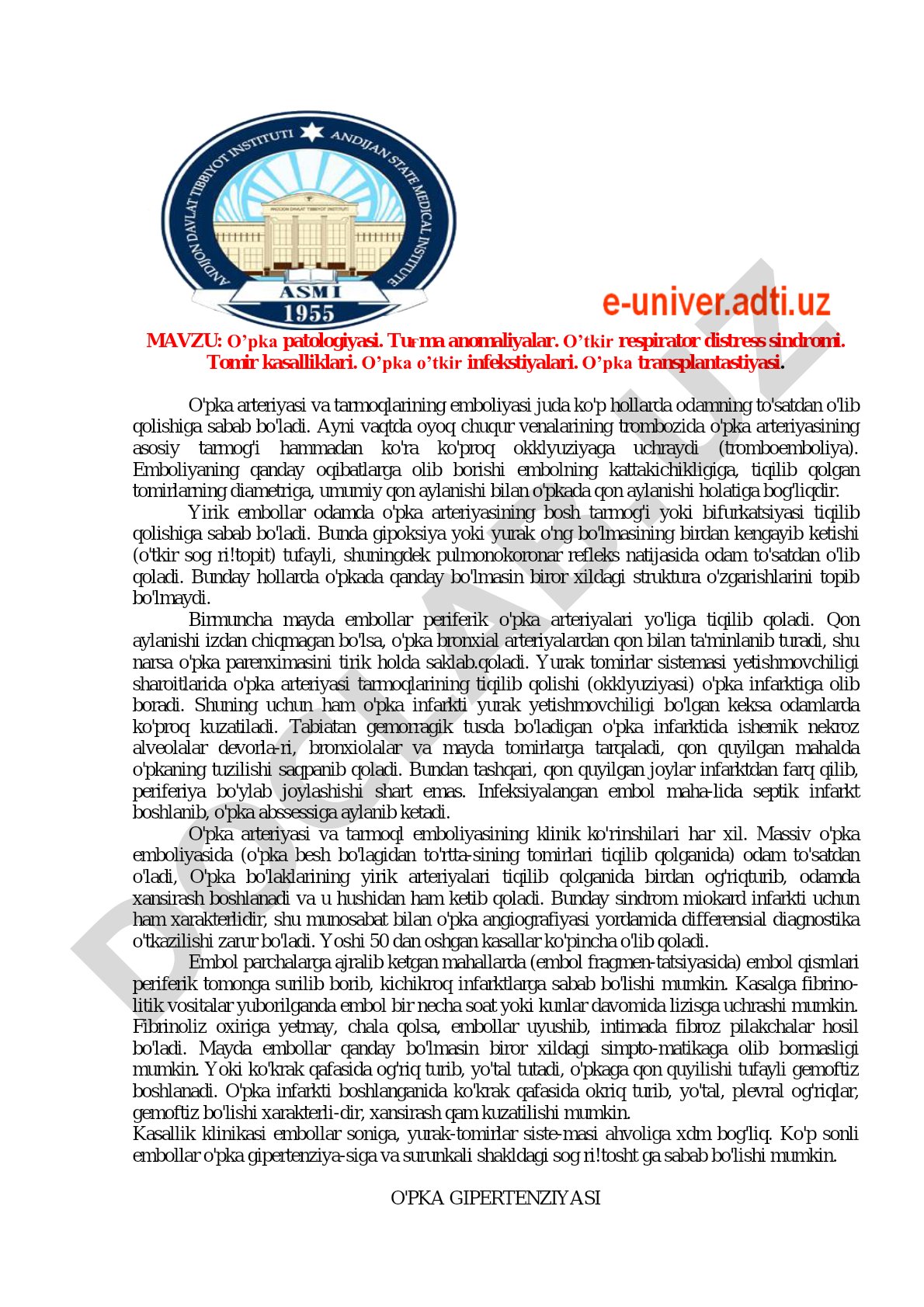 O'pka patologiyasi: tug'ma anomaliyalar, ORDS, tomir kasalliklari, o'tkir infeksiyalar, transplantatsiya