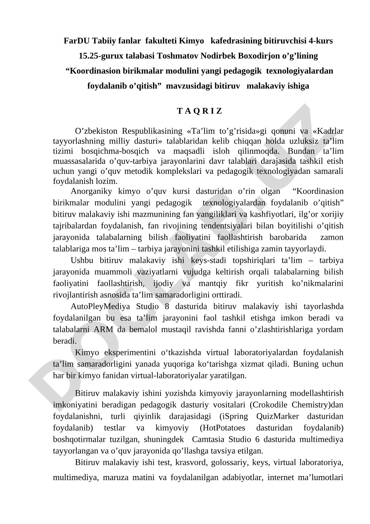 Koordinasion birikmalar modulini yangi pedagogik texnologiyalardan foydalanib o’qitish