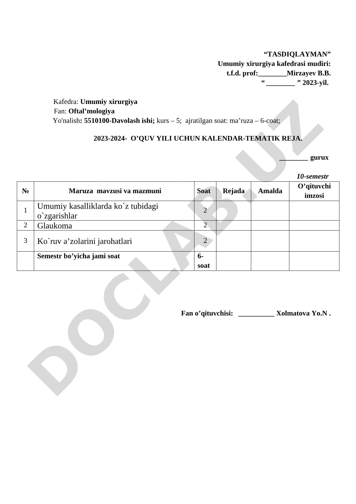 Oftal'mologiya fanidan kalendar-tematik reja
