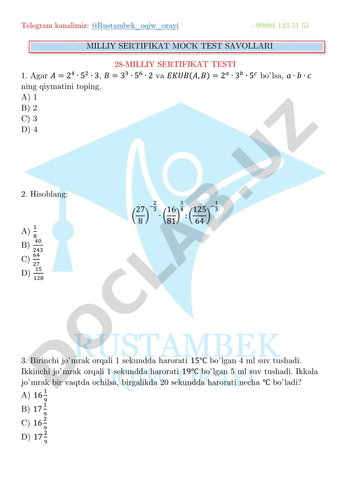 28-milliy sertifikat mock test savollari