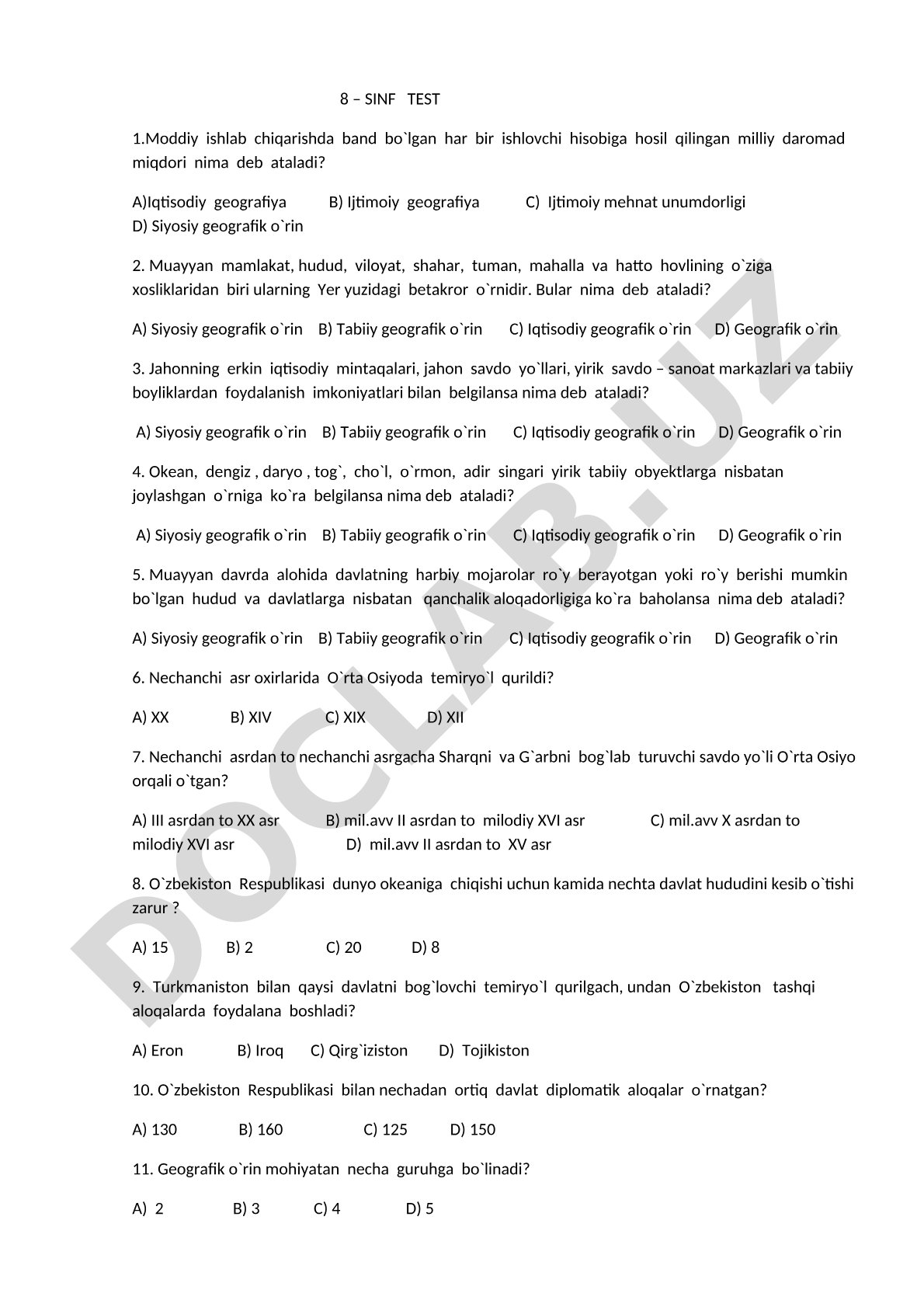 8-sinf iqtisodiy va ijtimoiy geografiya test savollari