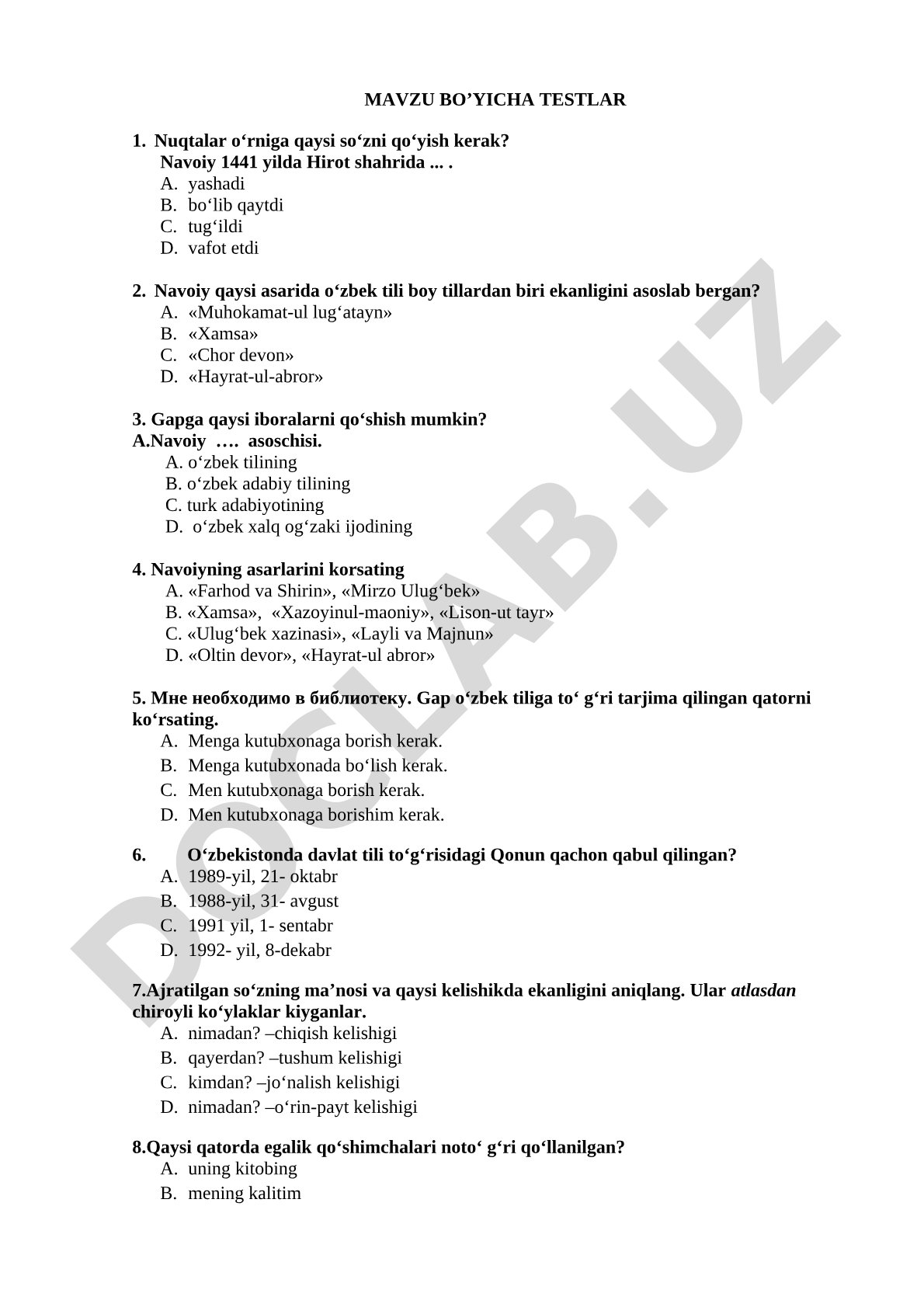 O‘zbek tili va adabiyotidan testlar