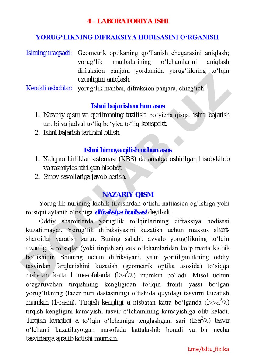 Yorug‘likning difraksiya hodisasini o‘rganish