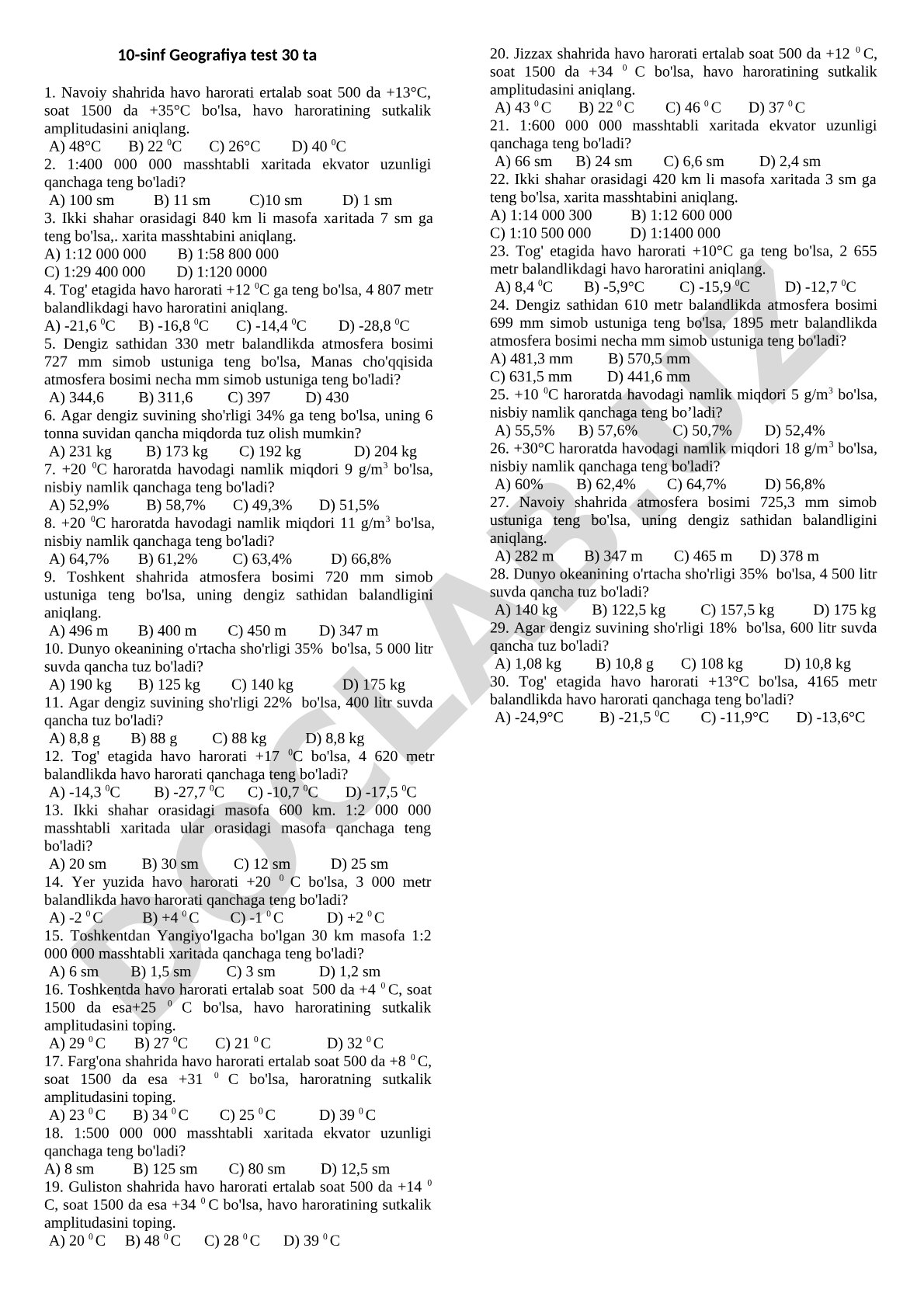 10-sinf Geografiya test 30 ta