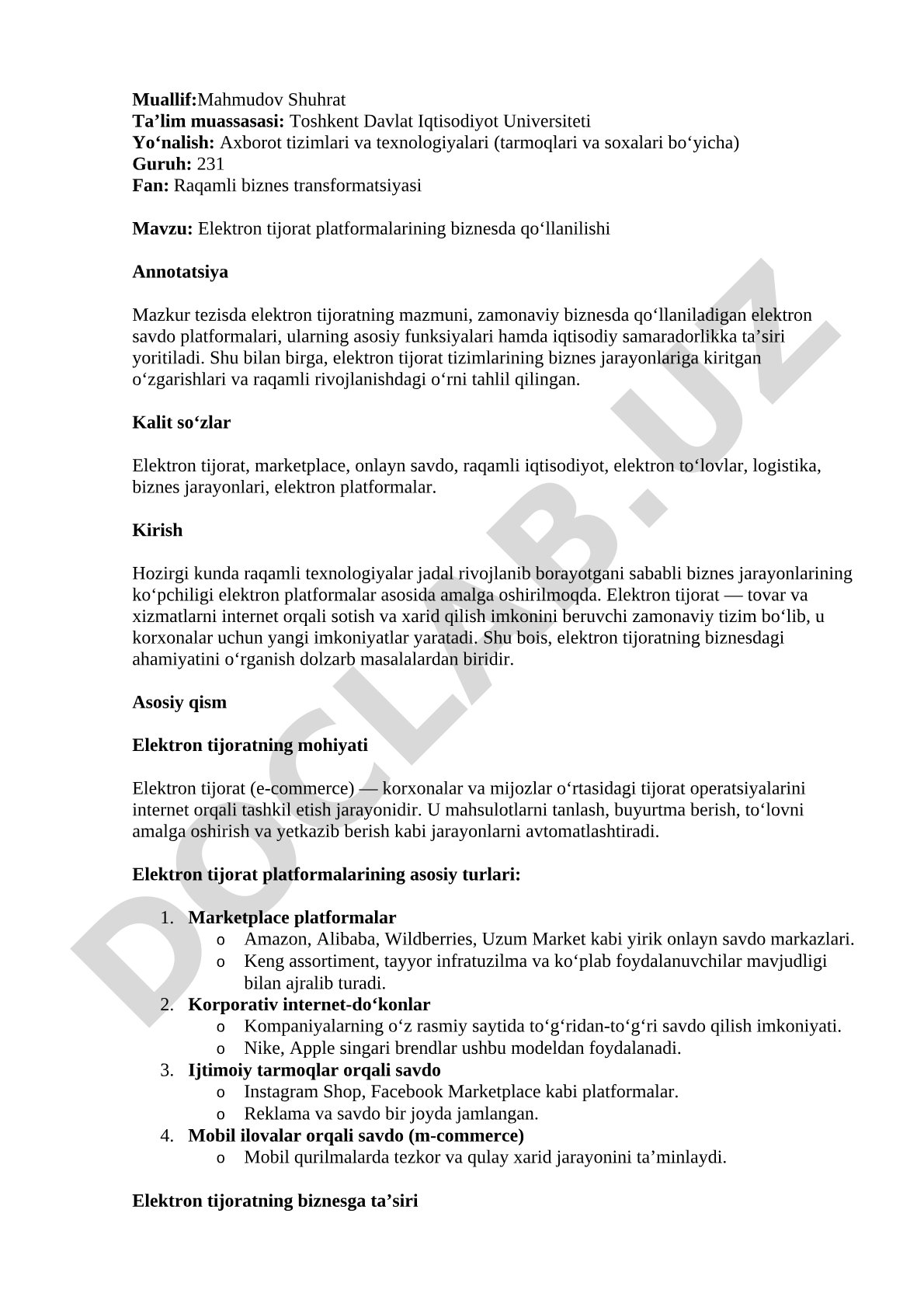 Elektron tijorat platformalarining biznesda qo'llanilishi