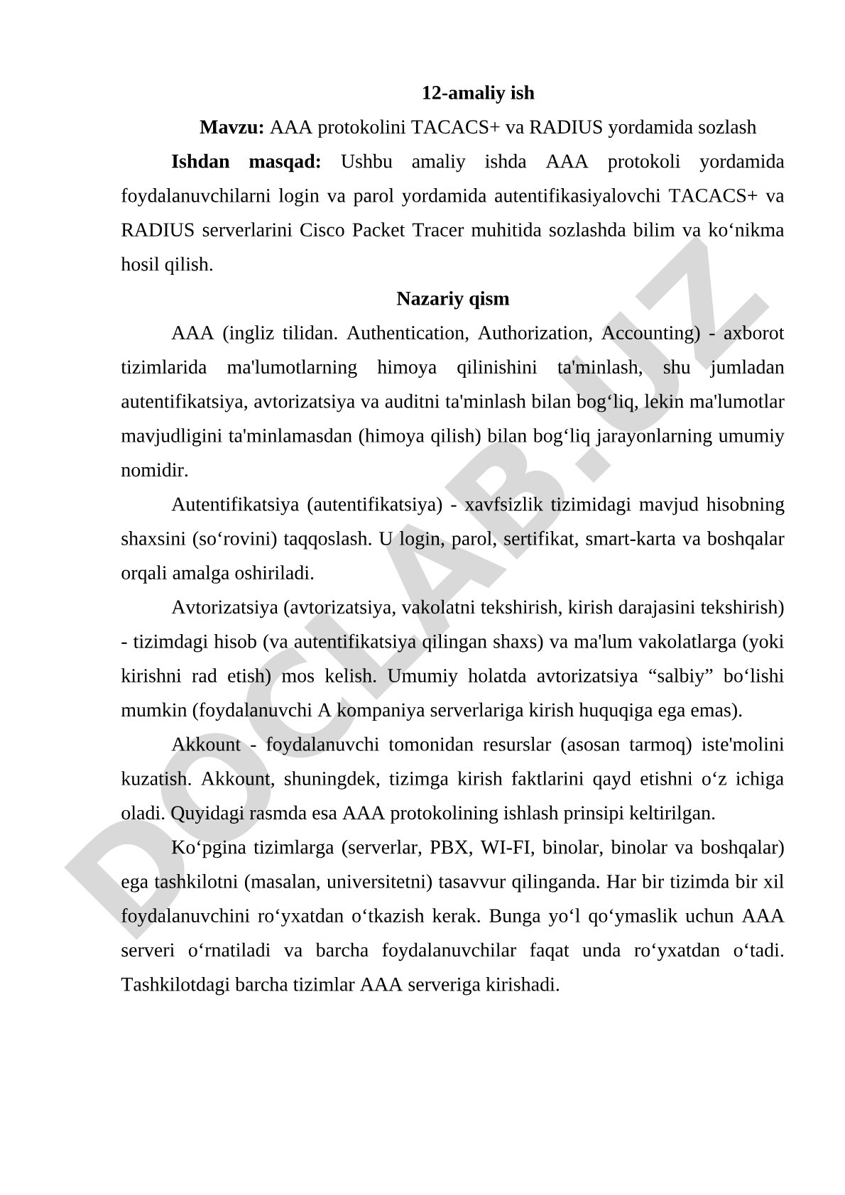 AAA protokolini TACACS+ va RADIUS yordamida sozlash