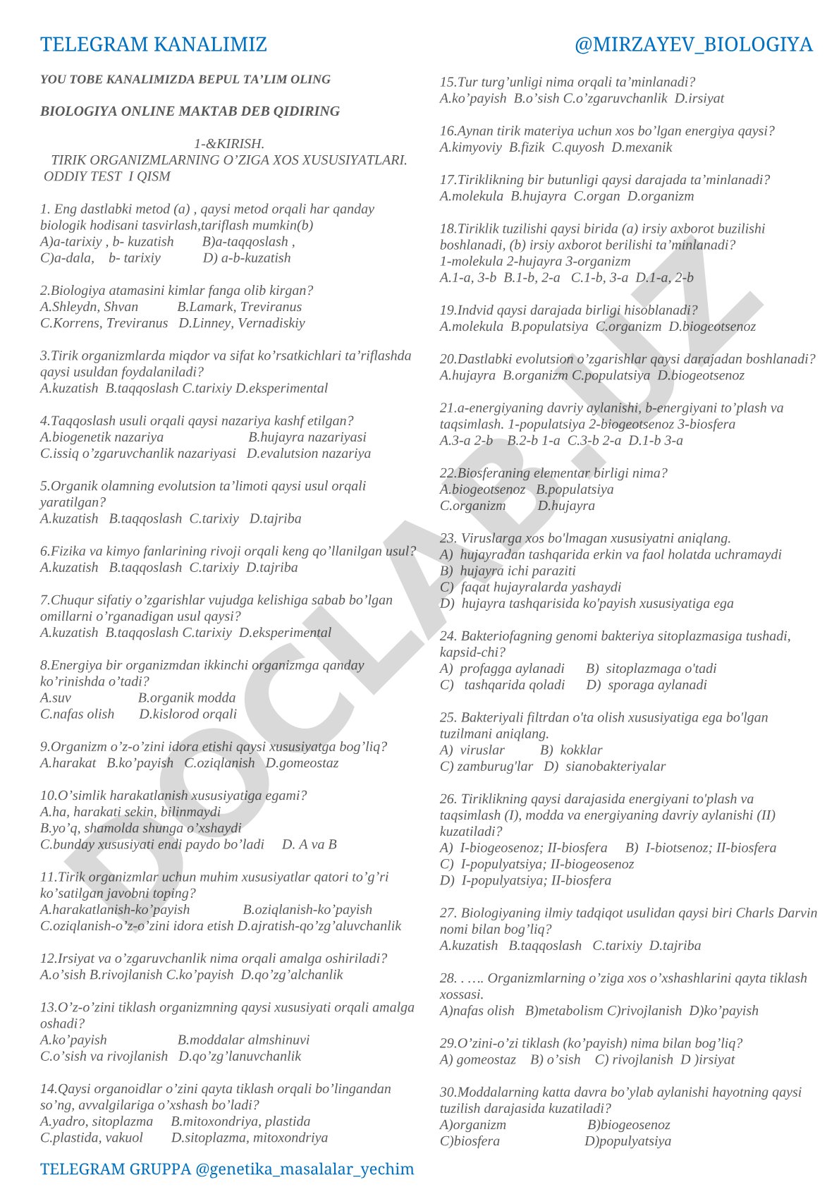 Tirik organizmlarning o'ziga xos xususiyatlari