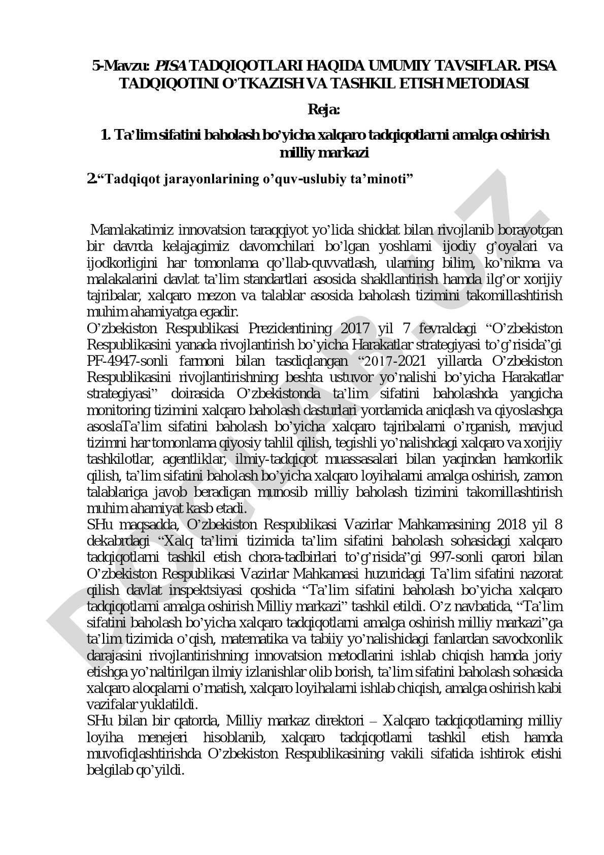 PISA tadqiqotlari haqida umumiy tavsiflar. PISA tadqiqotini o'tkazish va tashkil etish metodiasi