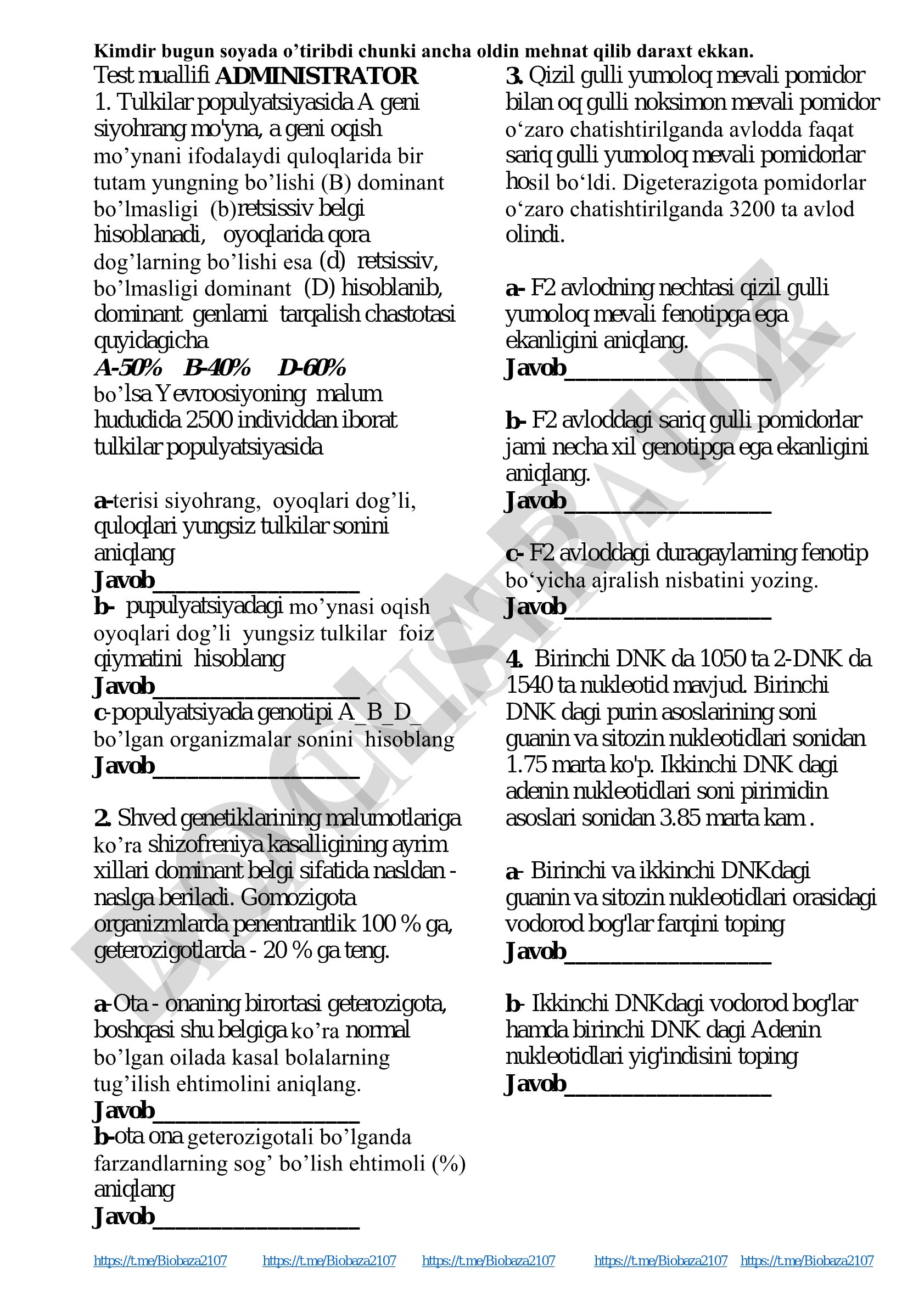 Tulkilar populyatsiyasi va shizofreniya irsiylanishi bo'yicha genetika masalalari