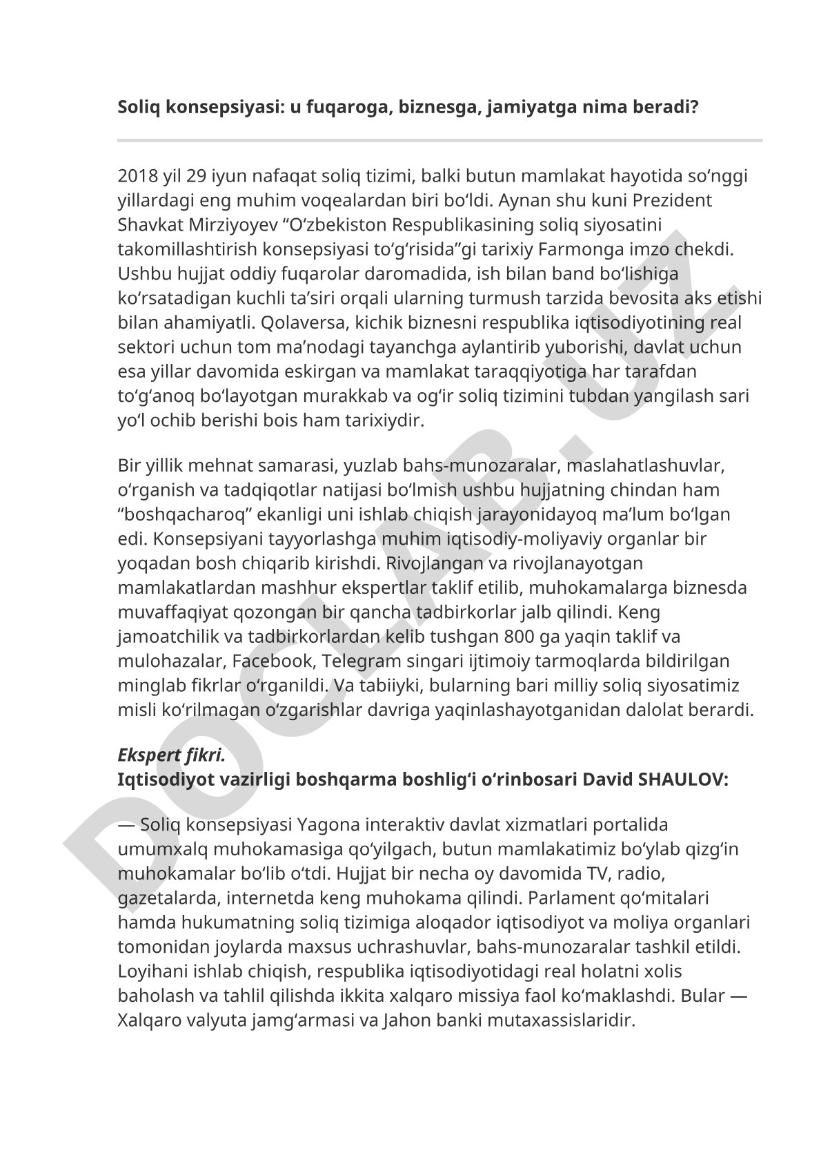 O‘zbekistonda soliq siyosatini takomillashtirish konsepsiyasi