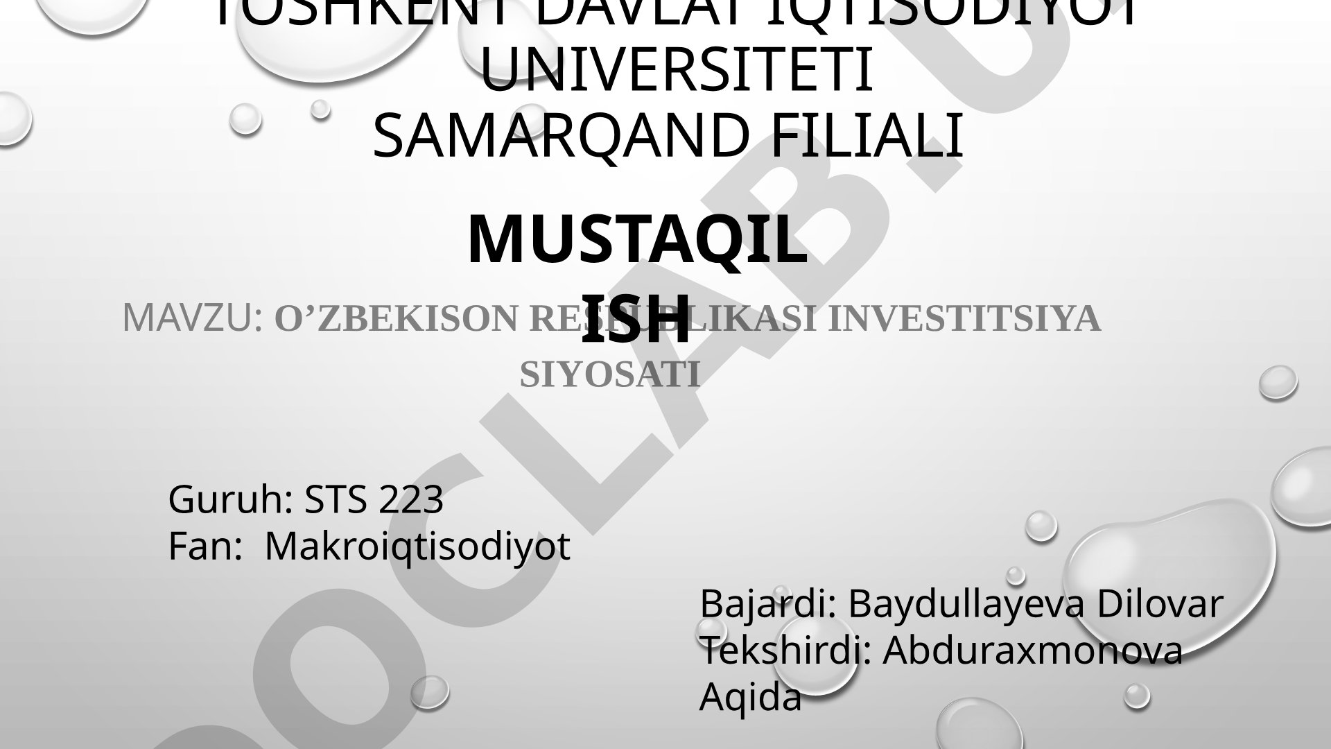 O’zbekiston Respublikasi investitsiya siyosati